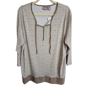 Chico's Top Medallion Print Top Tie Neck Top Long Sleeve Top Tunic Top 2 Brown